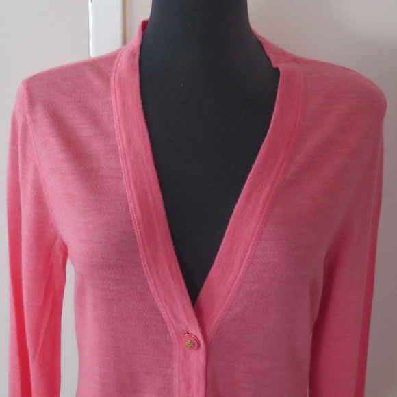 Heather Coral Pink Tory Burch Merino Cardigan, Gold Logo Buttons - Picture 1 of 11